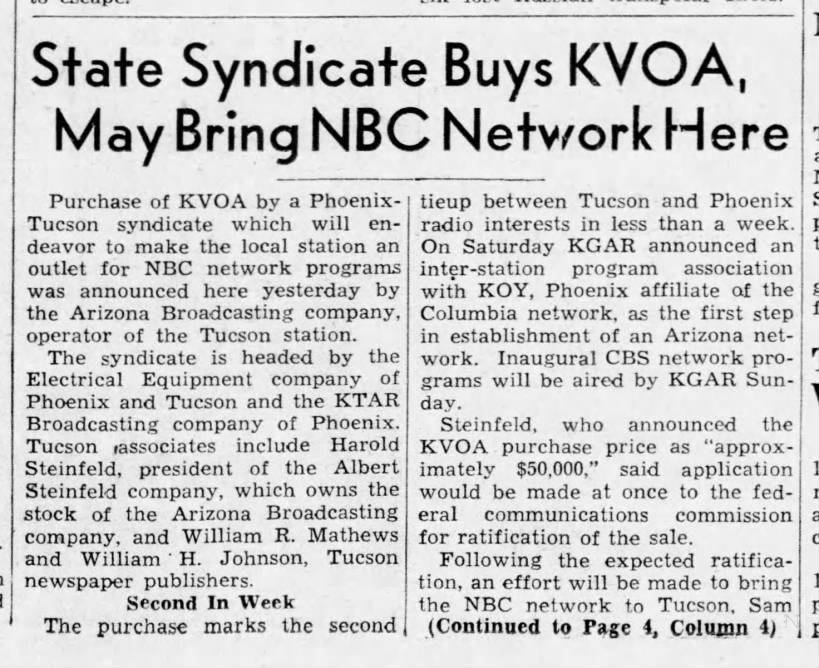 State Syndicate Buys KVOA, May Bring NBC Network Here