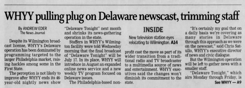 WHYY pulling plug on Delaware newscast, trimming staff