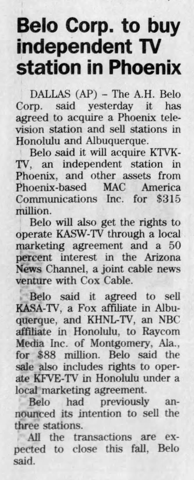 Belo Corp. to buy independent TV station in Phoenix