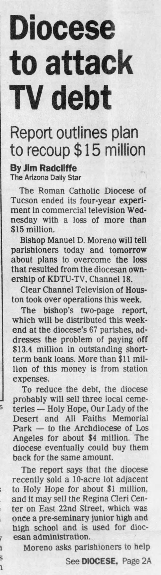 Diocese to attack TV debt