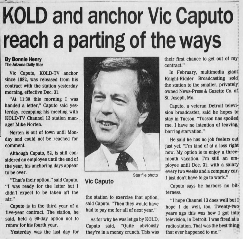 KOLD and anchor Vic Caputo reach a parting of the ways