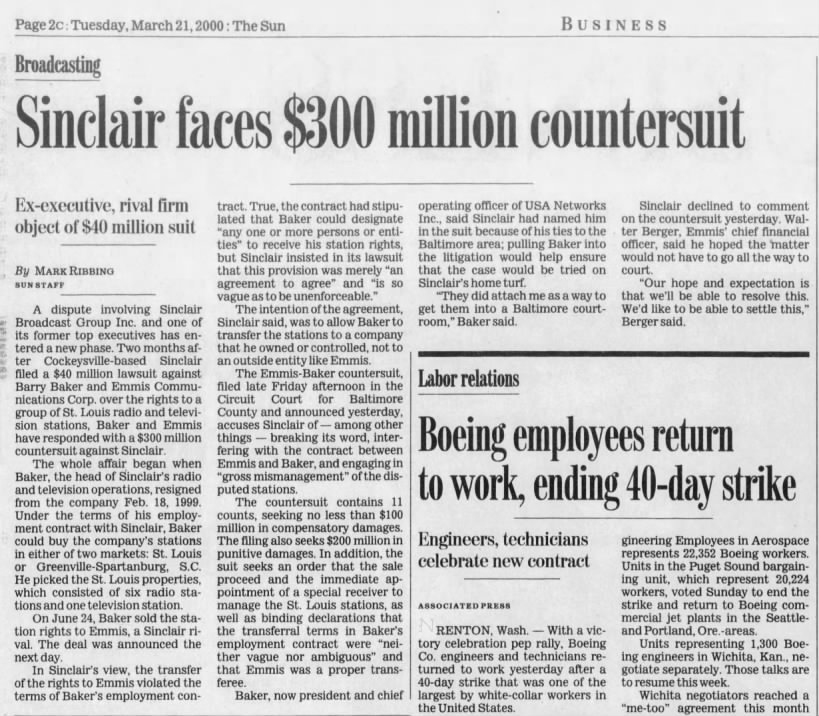 Sinclair faces $300 million countersuit: Ex-executive, rival firm object of $40 million suit