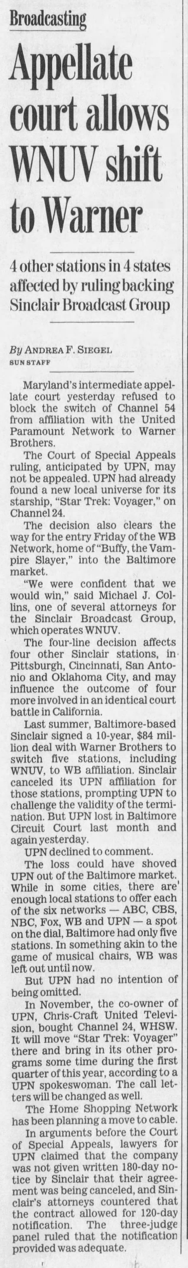 Appellate court allows WNUV shift to Warner