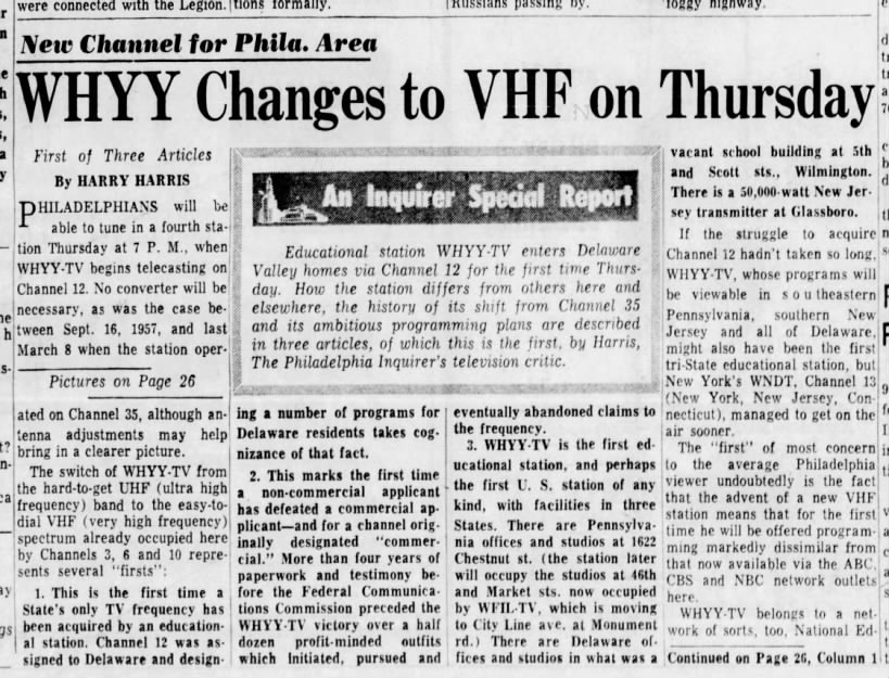 New Channel for Phila. Area: WHYY Changes to VHF on Thursday