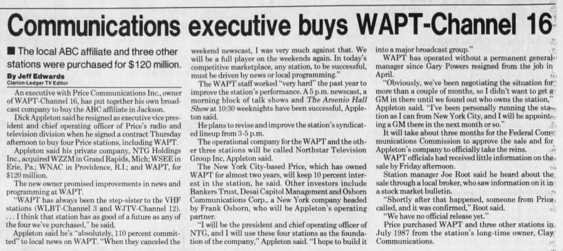 Communications executive buys WAPT-Channel 16