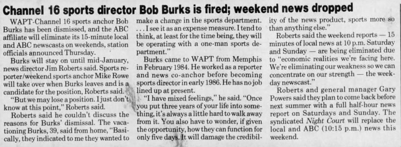 Channel 16 sports director Bob Burks is fired; weekend news dropped