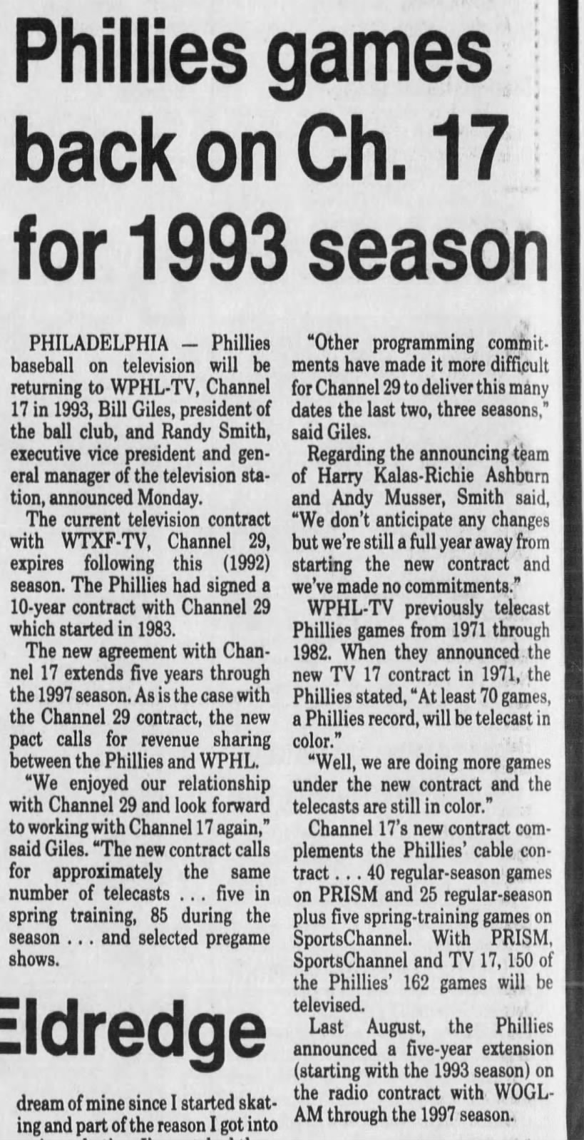 Phillies games back on Ch. 17 for 1993 season