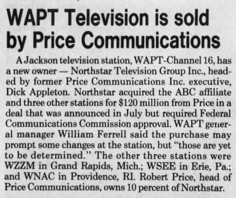 WAPT Television is sold by Price Communications