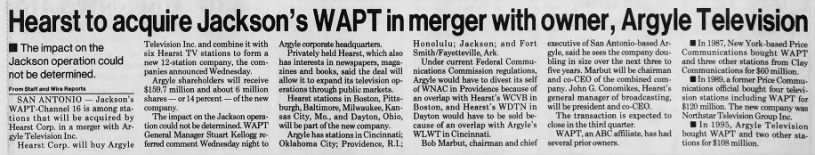 Hearst to acquire Jackson's WAPT in merger with owner, Argyle Television