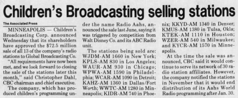 Children's Broadcasting selling stations