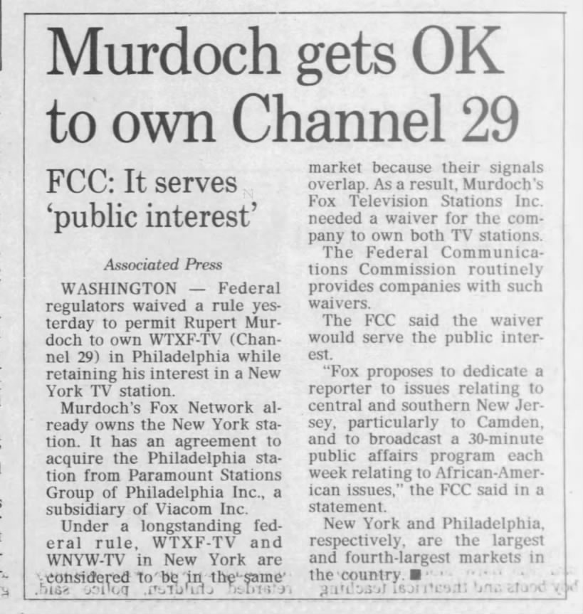 Murdoch gets OK to own Channel 29: FCC: It serves 'public interest'