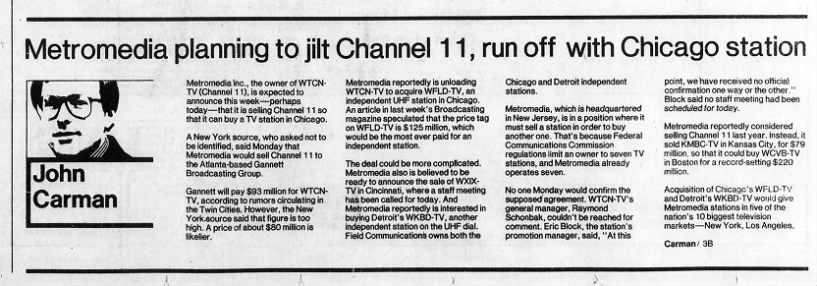 Metromedia planning to jilt Channel 11, run off with Chicago station