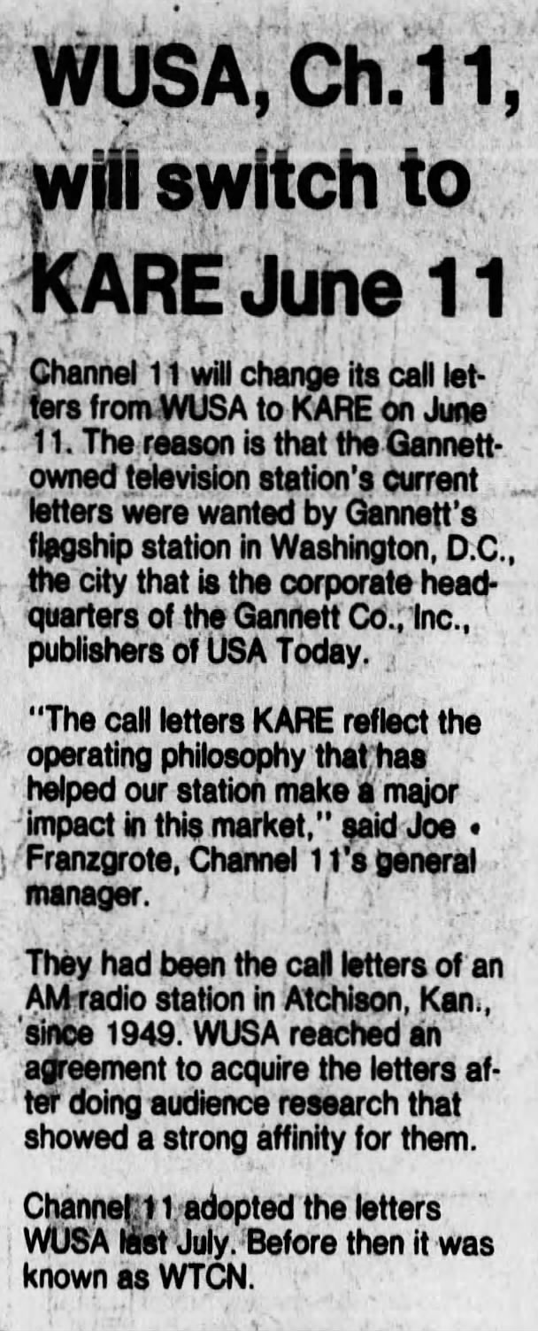 WUSA, Ch. 11, will switch to KARE June 11