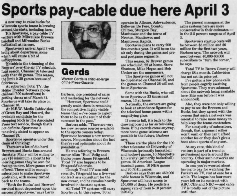 Sports pay-cable due here April 3