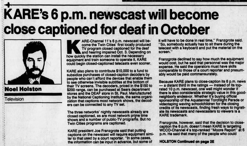 KARE's 6 p.m. newscast will become close captioned for deaf in October
