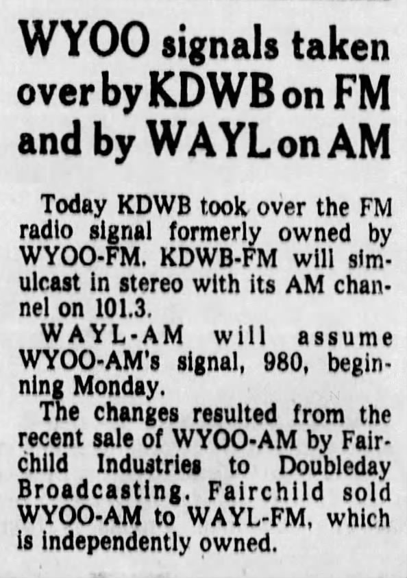 WYOO signals taken over by KDWB on FM and by WAYL on AM