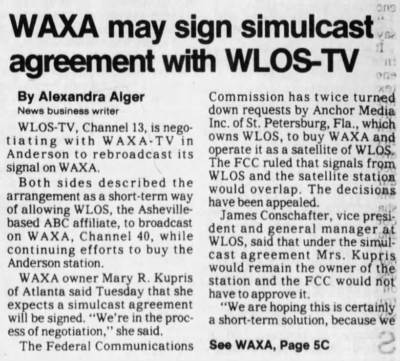 WAXA may sign simulcast agreement with WLOS-TV