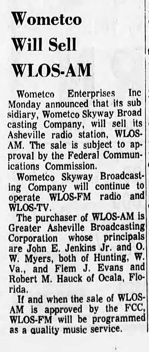 Wometco Will Sell WLOS-AM