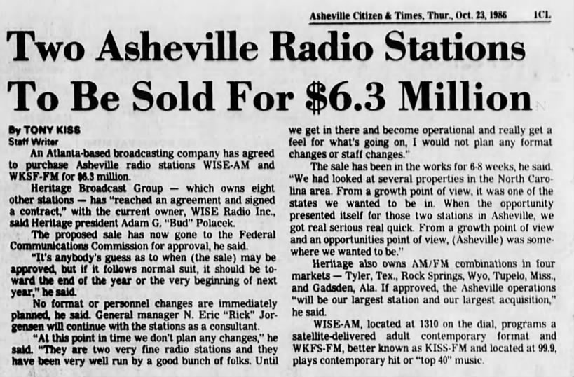 Two Asheville Radio Stations To Be Sold For $6.3 Million