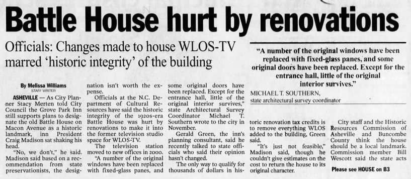 Battle House hurt by renovations: Officials: Changes made to house WLOS-TV marred