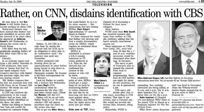 Rather, on CNN, disdains identification with CBS
