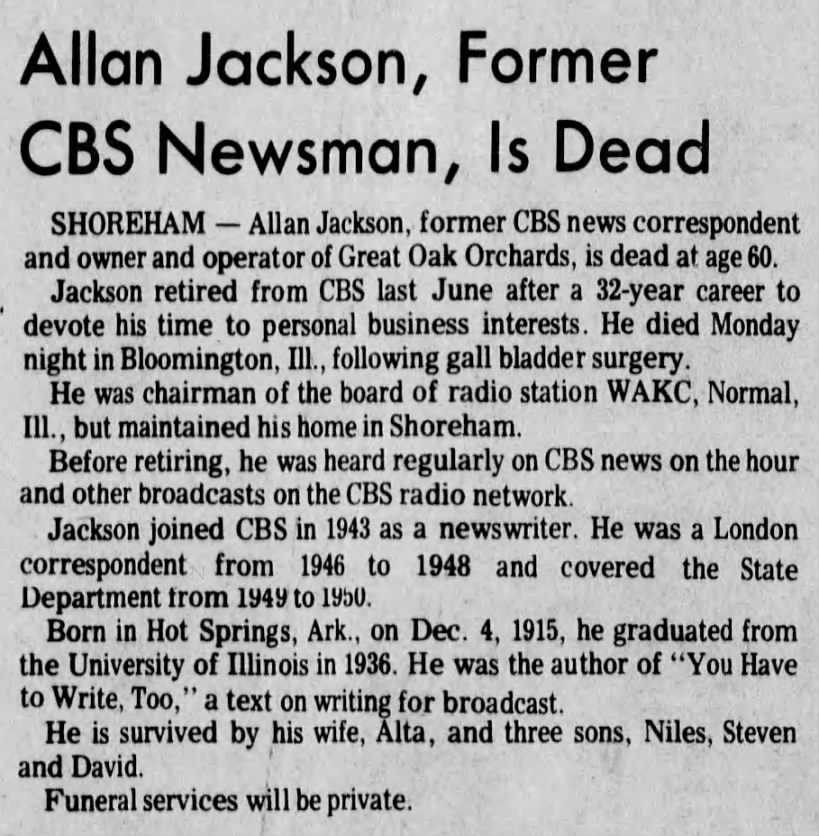 Allan Jackson, Former CBS Newsman, Is Dead