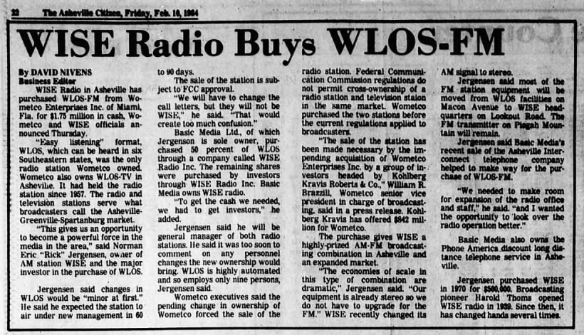 WISE Radio Buys WLOS-FM