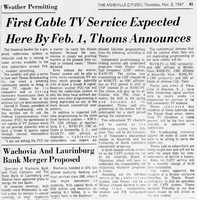 First Cable TV Service Expected Here By Feb. 1, Thoms Announces