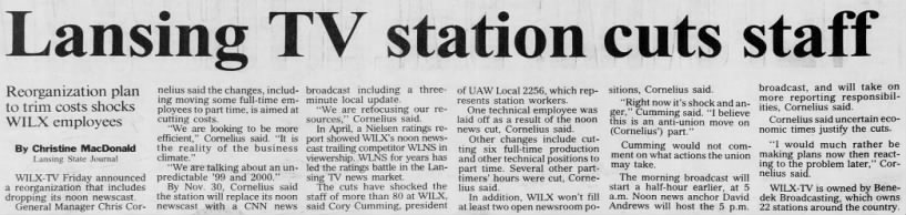 Lansing TV station cuts staff: Reorganization plan to trim costs shocks WILX employees