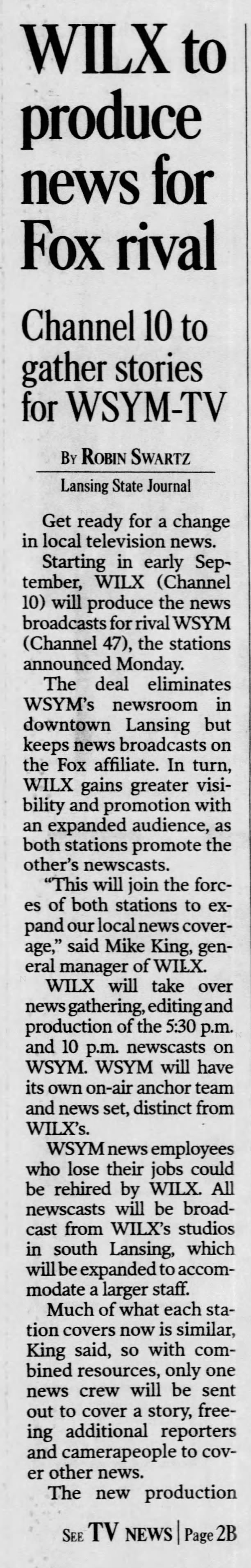 WILX to produce news for Fox rival: Channel 10 to gather stories for WSYM-TV