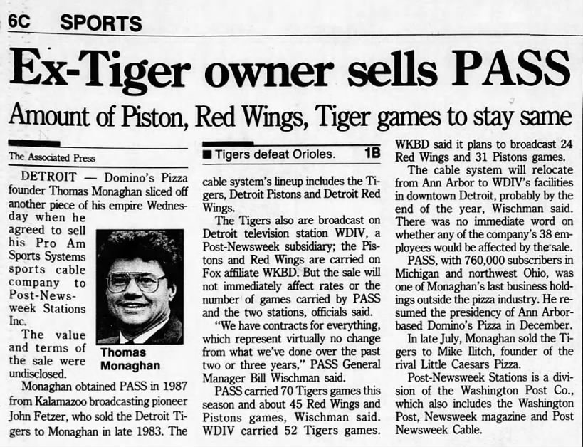 Ex-Tiger owner sells PASS: Amount of Piston, Red Wings, Tiger games to stay same