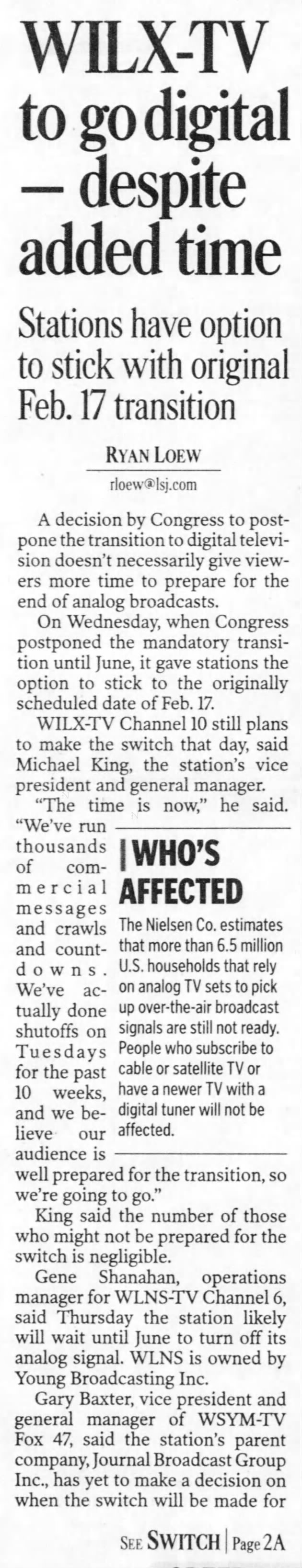 WILX-TV to go digital—despite added time: Stations have option to stick with original Feb. 17