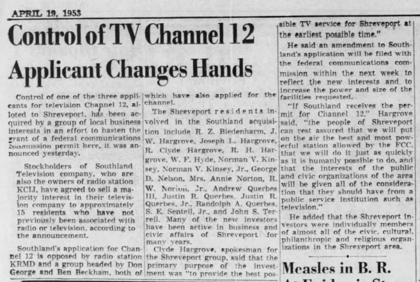 Control of TV Channel 12 Applicant Changes Hands