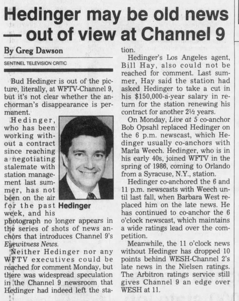Hedinger may be old news—out of view at Channel 9