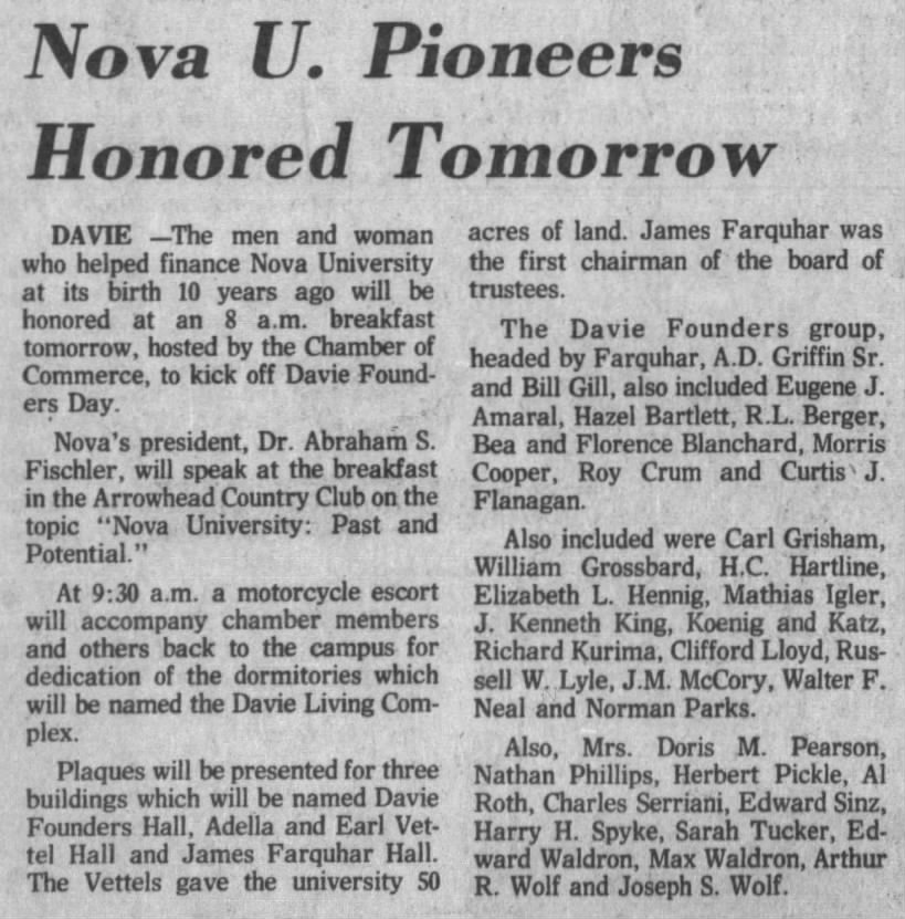 Nova U. Pioneers Honored Tomorrow