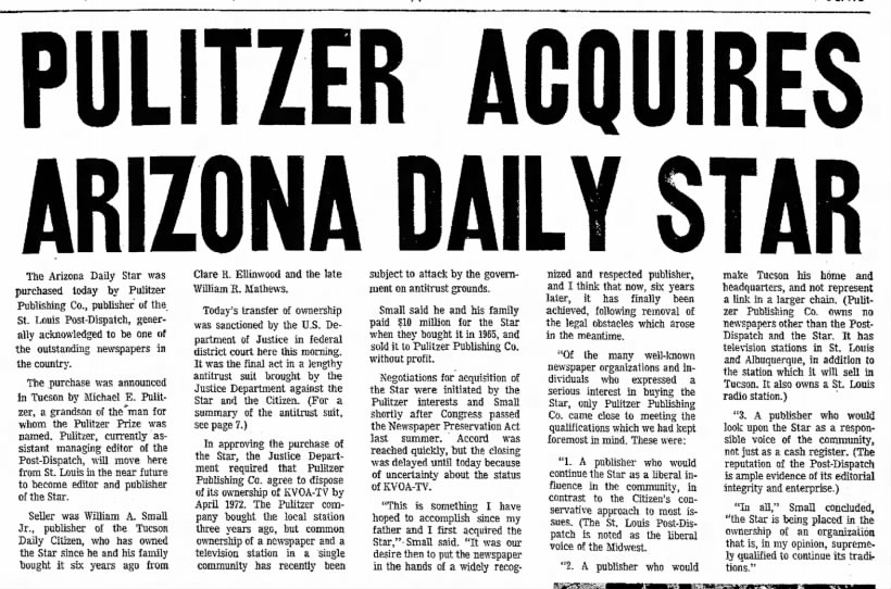 Pulitzer Acquires Arizona Daily Star