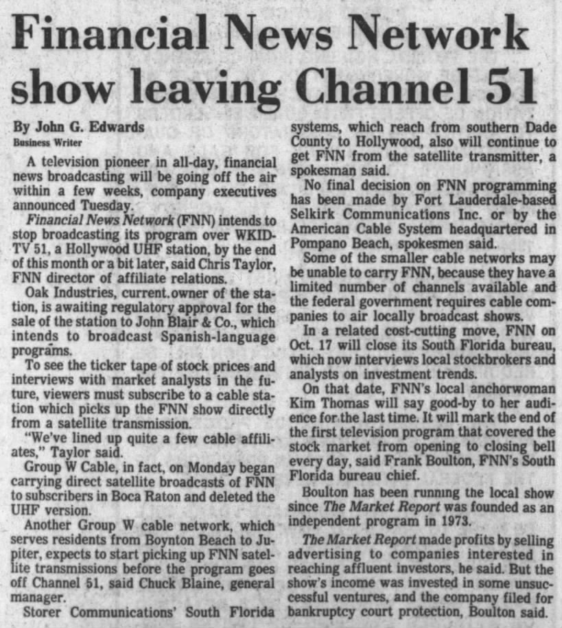 Fiancial News Network show leaving Channel 51