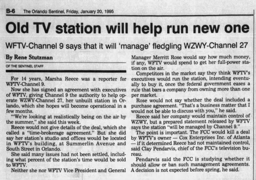 Old TV station will help run new one: WFTV-Channel 9 says that it will 'manage' fledgling WZWY-