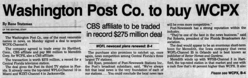 Washington Post Co. to buy WCPX: CBS affiliate to be traded in record $275 million deal