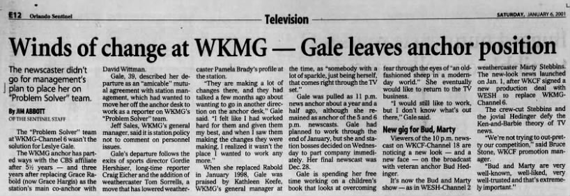Winds of change at WKMG—Gale leaves anchor position