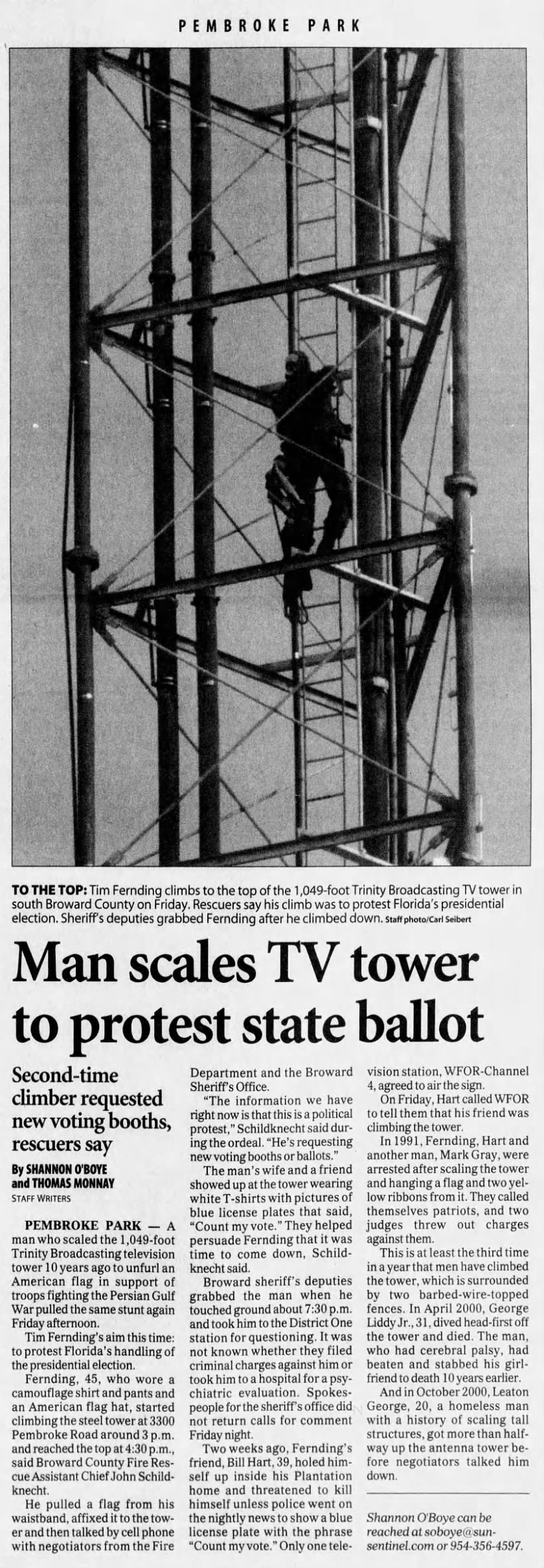 Man scales TV tower to protest state ballot