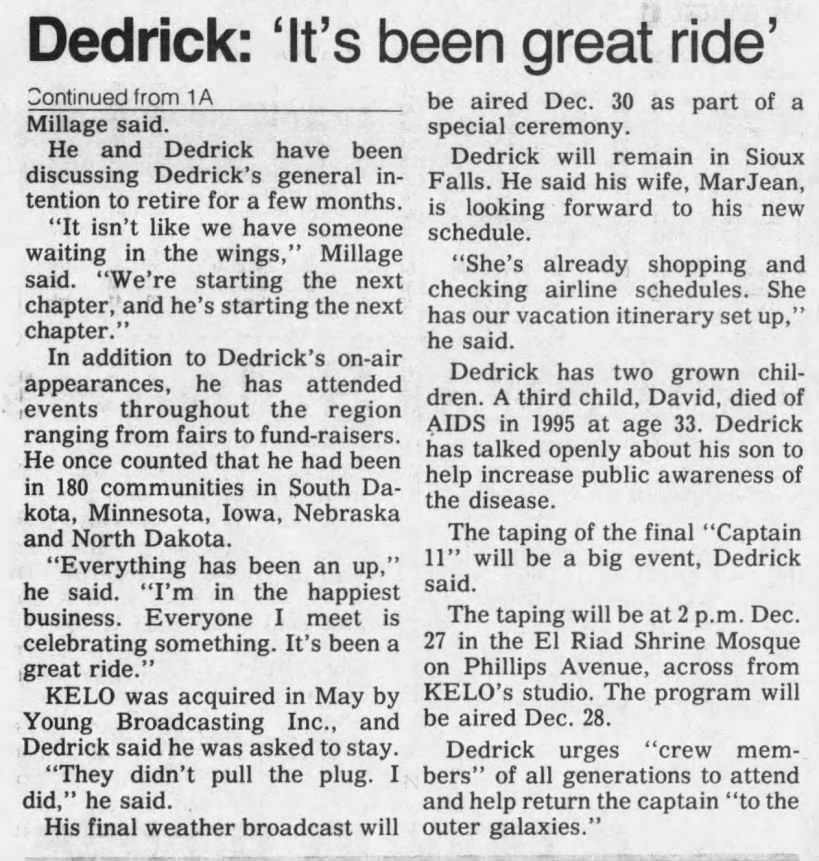Dedrick: 'It's been great ride'