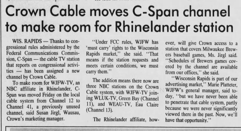 Crown Cable moves C-Span channel to make room for Rhinelander station