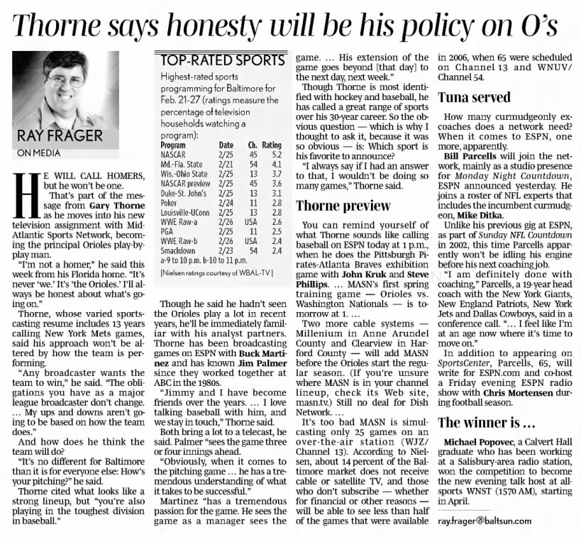 Thorne says honesty will be his policy on O's