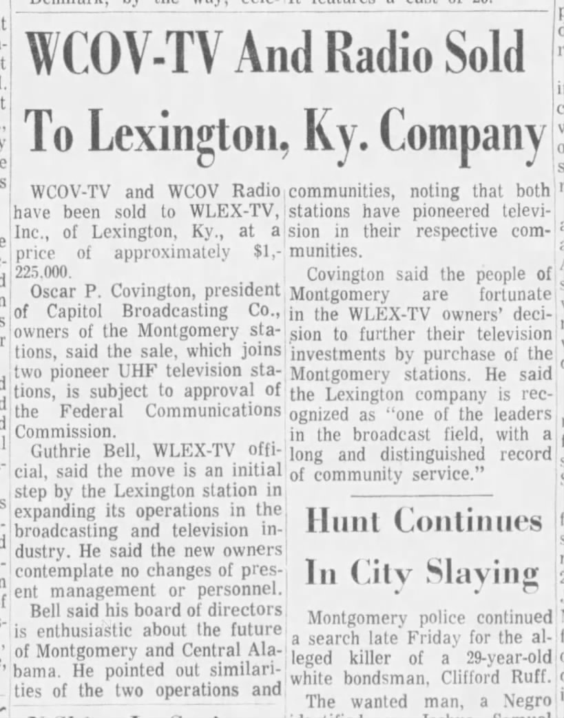 WCOV-TV And Radio Sold To Lexington, Ky. Company