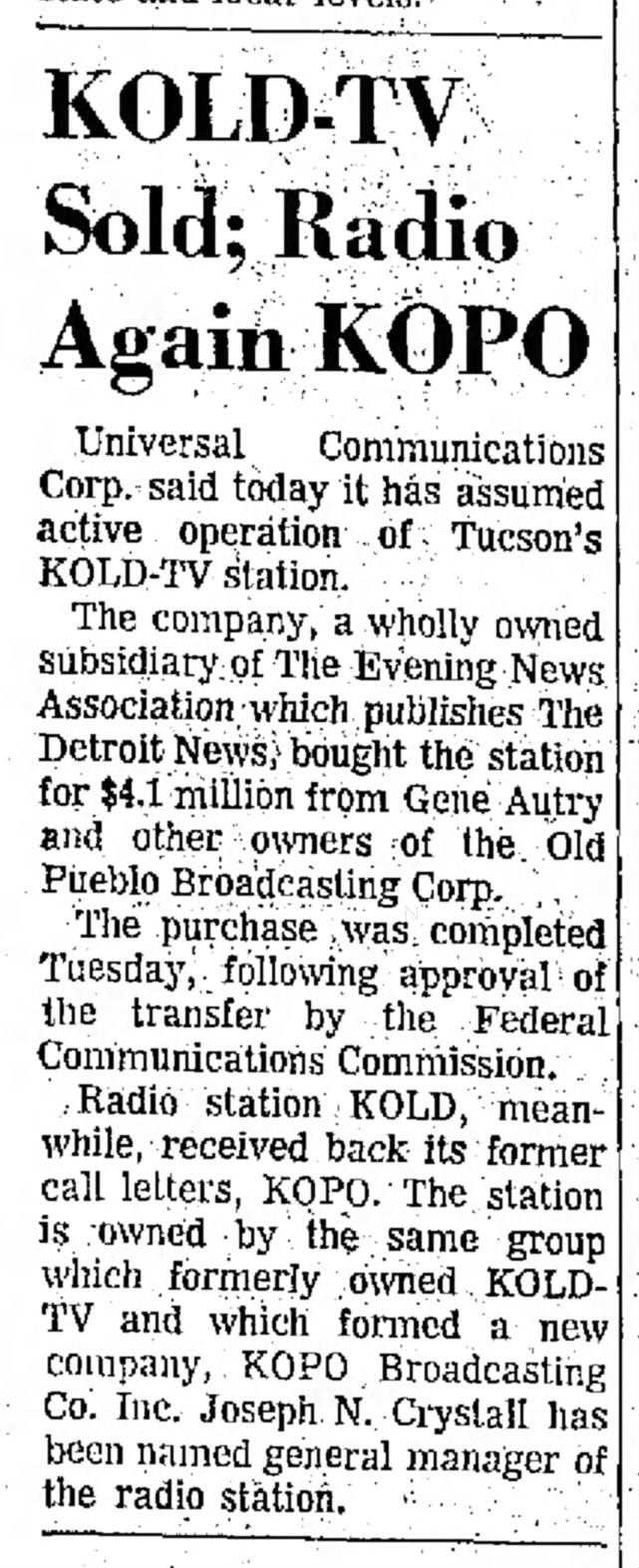 KOLD-TV Sold; Radio Again KOPO