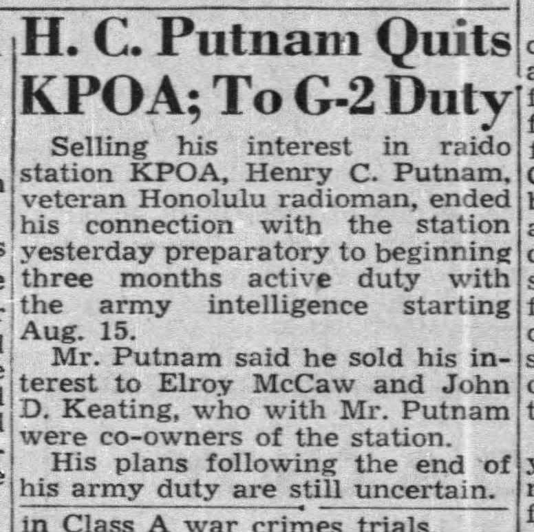 H. C. Putnam Quits KPOA; To G-2 Duty