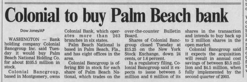Colonial to buy Palm Beach bank