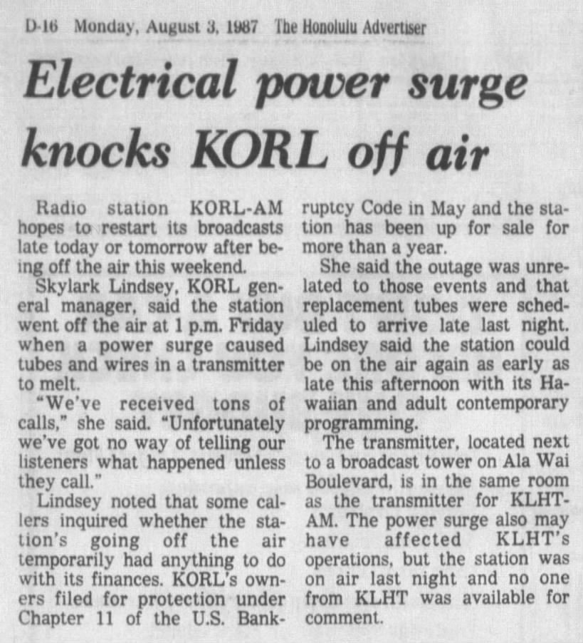 Electrical power surge knocks KORL off air