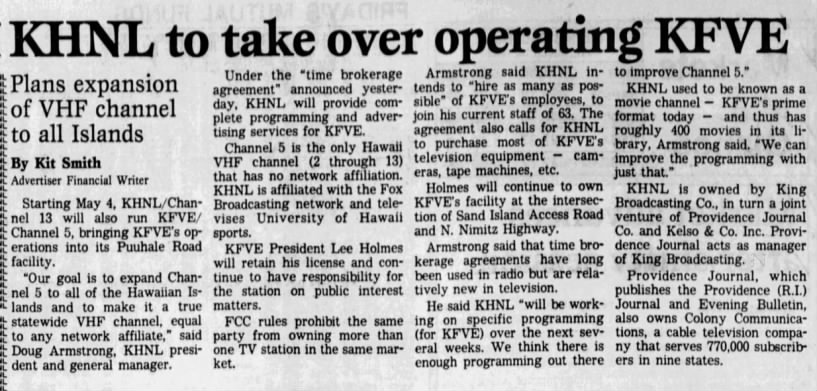 KHNL to take over operating KFVE
